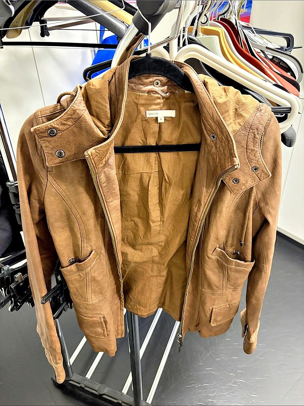 Vince Brown Hooded Leather Jacket Size Medium Like New